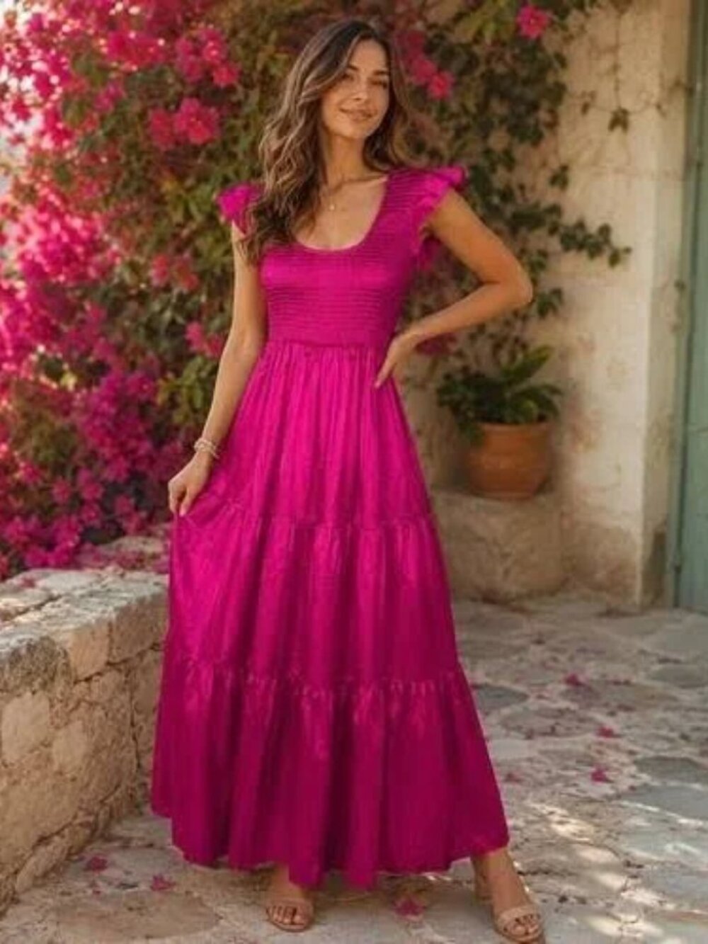 Natural Life Olivia Smocked Maxi Dress Tiered Scoop Neck Satin Pleated Small